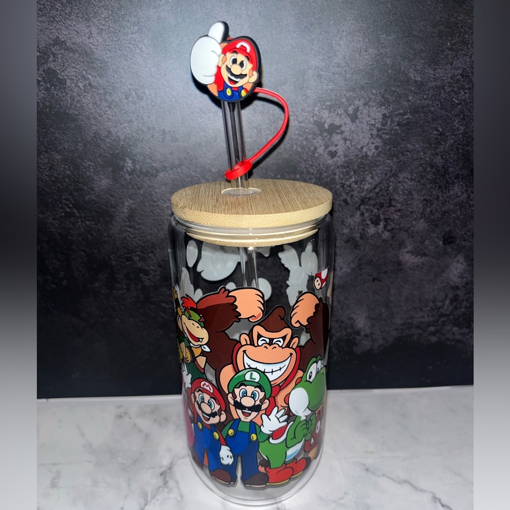 Handmade Glass Libby With Wood Lid And Glass Straw Mario Luigi yoshi